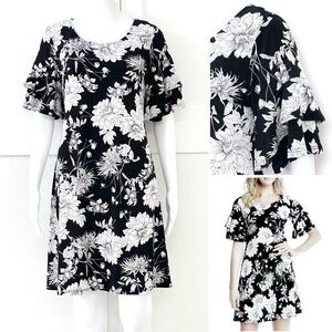 KAREN KANE Mini Dress Ruffle Sleeve Floral Print Crew Neck Stretch Pullover